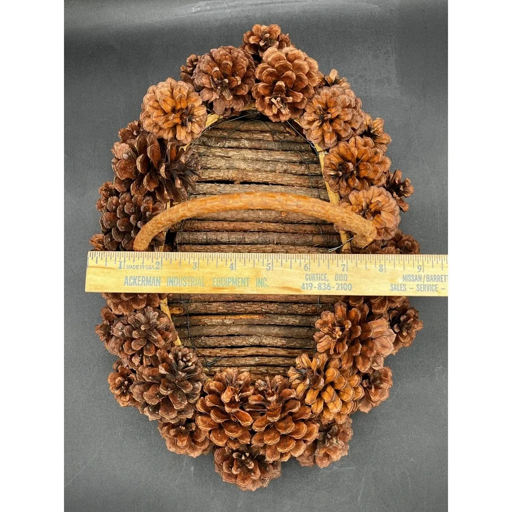 Handmade Pinecone Basket Rustic Woodland Twig Base Natural Wood Handle 14x10 in